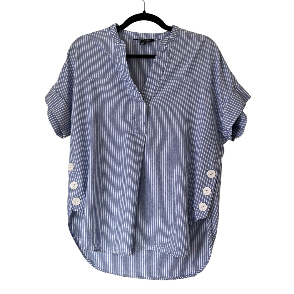 Nicole Miller Striped Linen Blend Side Button Notch Neck Top Blue Sz S